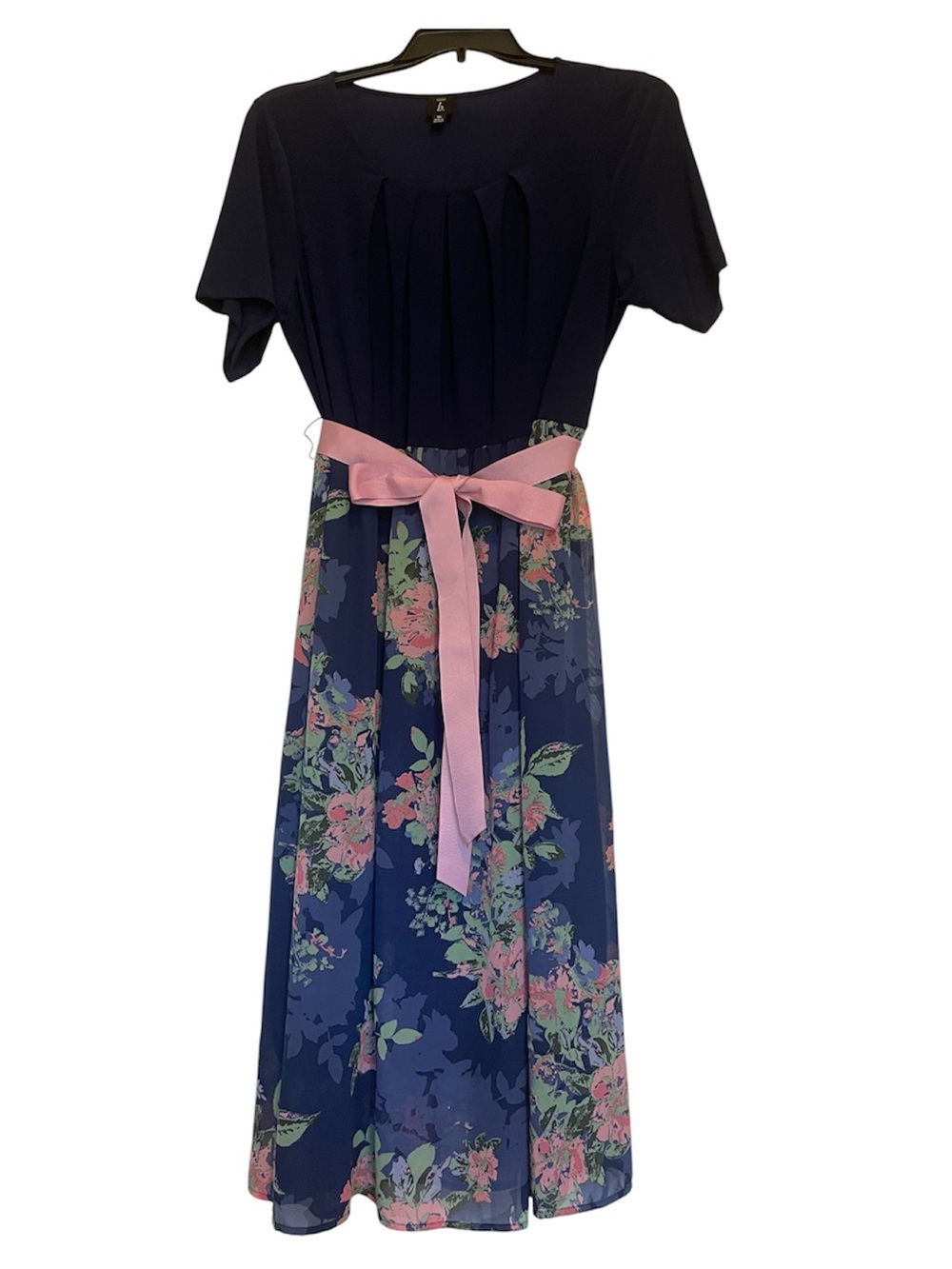 Floral Midi Dress with Pink Sash - Navy